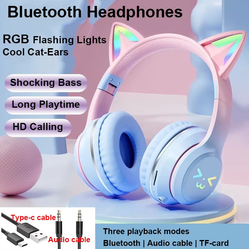 RGB Cat Ear Bluetooth Headphones – Wireless LED Stereo Headset