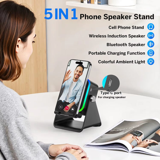 5-in-1 Bluetooth Speaker – Wireless Charging & RGB Light Stand