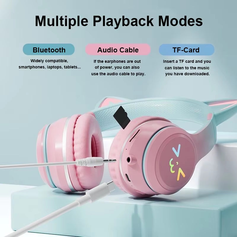 RGB Cat Ear Bluetooth Headphones – Wireless LED Stereo Headset